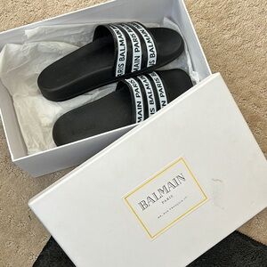 Balmain Black Slides with Logo Strap